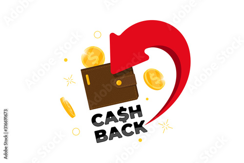 Cashback loyalty program concept. Wallet with returned coins to bank account. Refund money service design. Bonus cash back in purse symbol vector illustration