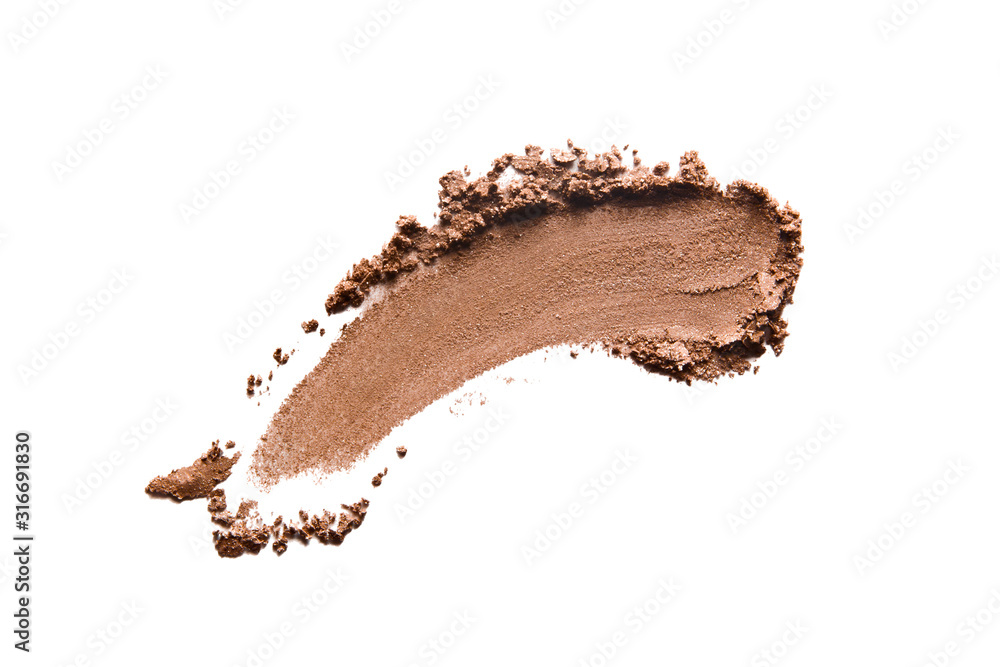 Bronzer, eye shadow swatch smear smudge isolated on white background. Brown makeup powder texture. Nude crushed eye shadow stroke. Bronze color beauty product smudged - obrazy, fototapety, plakaty 