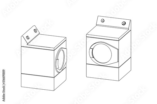 Dryer machine. Vector outline illustration. Dimetric projection.