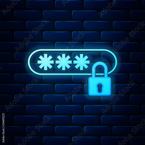 Glowing neon Password protection and safety access icon isolated on brick wall background. Lock icon. Security, safety, protection, privacy concept. Vector Illustration