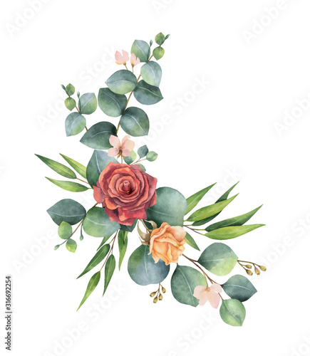Watercolor vector hand painted wreath with green eucalyptus leaves and flowers. 