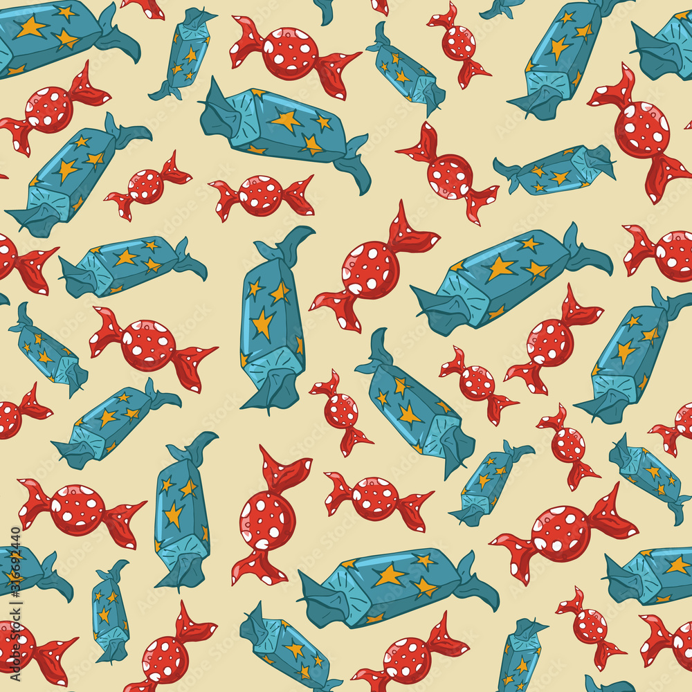 Naklejka premium Cartoon color seamless pattern with candies