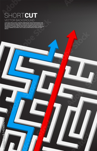 red arrow short cut route break out of maze and blue route find way out. Business concept for problem solving and shortcut solution strategy.