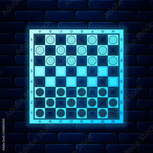 Glowing neon Board game of checkers icon isolated on brick wall background. Ancient Intellectual board game. Chess board. White and black chips. Vector Illustration