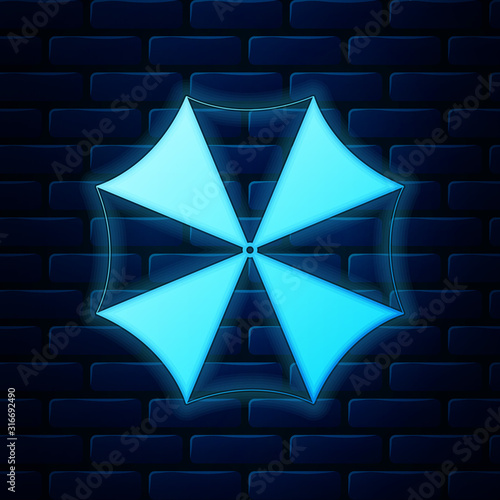 Glowing neon Sun protective umbrella fo beach icon isolated on brick wall background. Large parasol for outdoor space. Beach umbrella. Summer vacation or picnic accessory. Vector Illustration