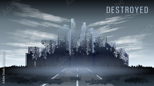 Realistic panorama of the destroyed city against the gray sky, rear view