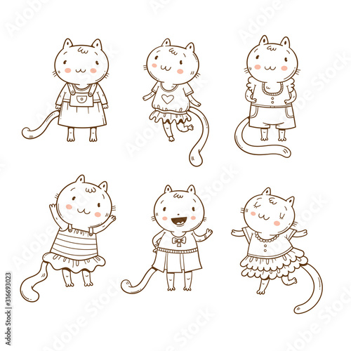 Vector set with cute cats. Funny animals in beautiful dresses. Baby illustration with fashionable kittens. Contour image no fill.