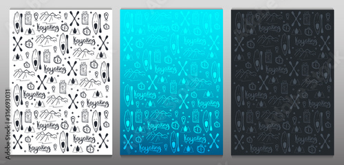 Set of Kayaking or rafting hand draw doodle backgrounds.