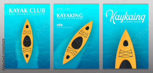 Set of Kayaking banners with top view on the yellow kayak. Summer Sea activities.