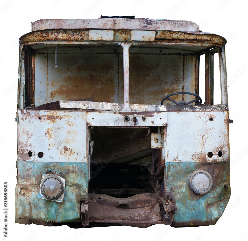 Decayed rusty nameless car van body  for transportation of agricultural products and bread isolated closeup