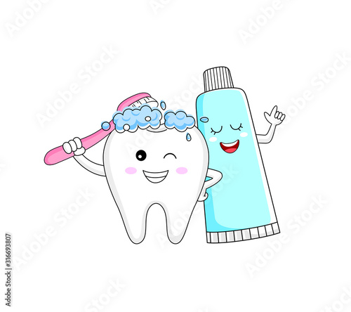 cute cartoon tooth character brushing with toothpaste. Dental care concept. Vector illustration isolated on white background.