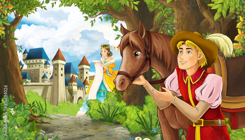 cartoon summer scene with meadow in the forest with beautiful princess girl