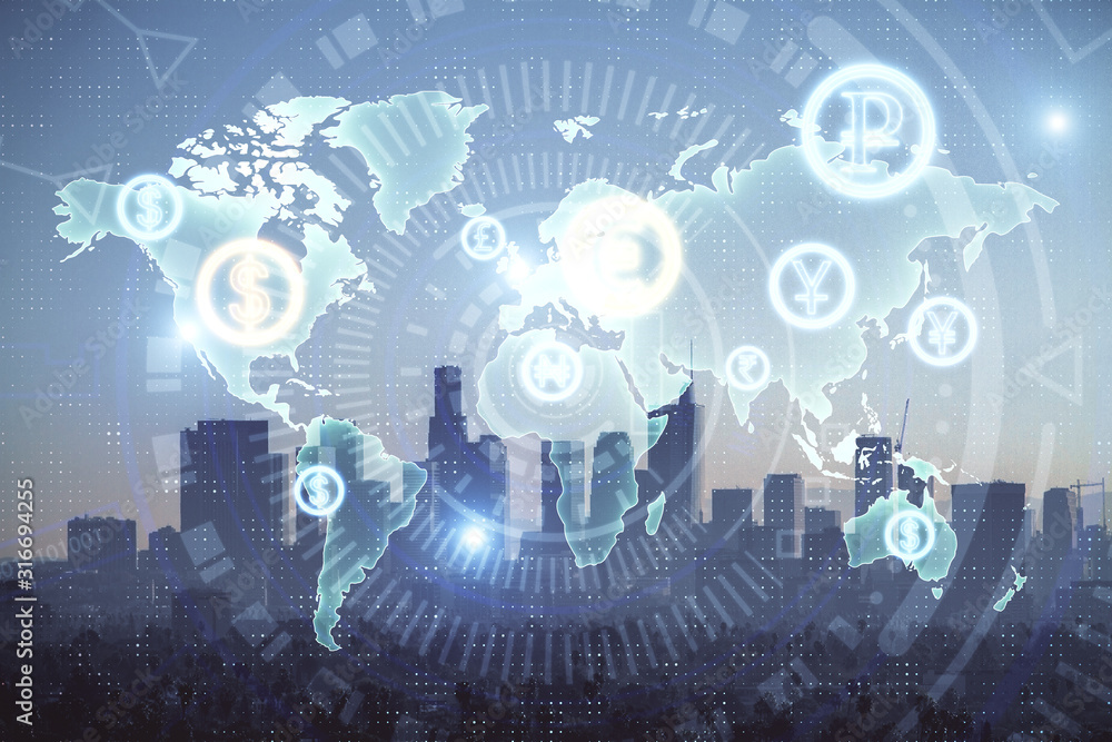 Forex chart on cityscape with skyscrapers wallpaper double exposure. Financial research concept. Forex chart on cityscape with skyscrapers wallpaper double exposure. Financial research concept.