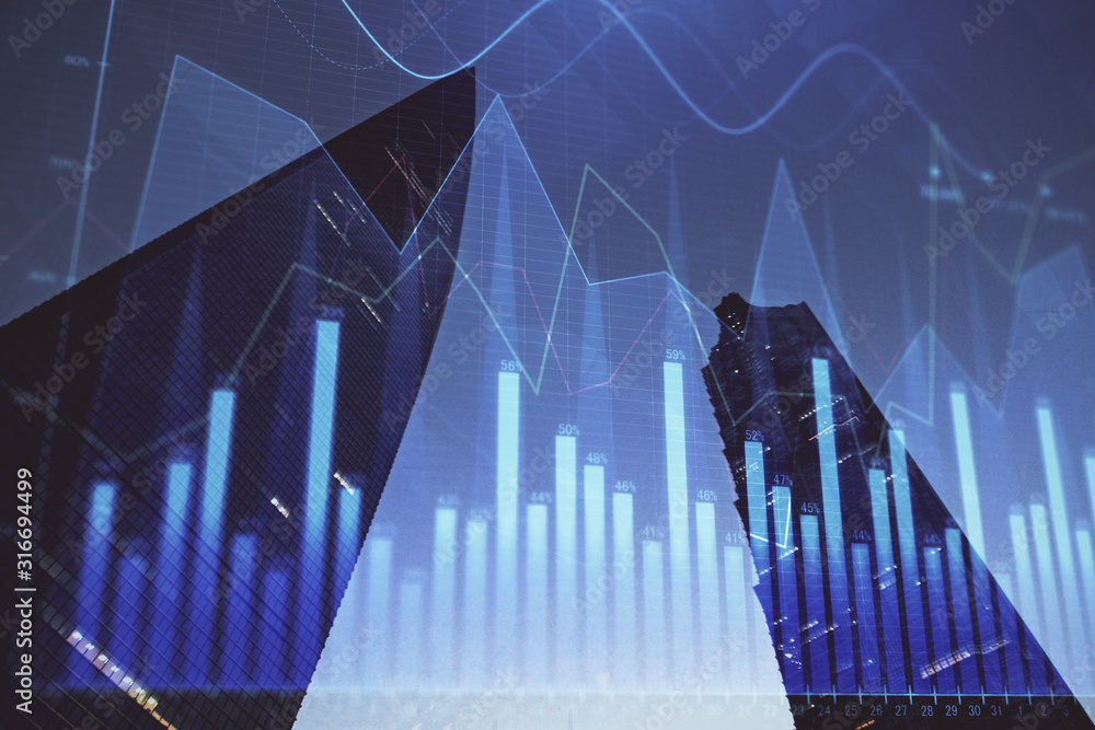 Forex chart on cityscape with tall buildings background multi exposure. Financial research concept. Forex chart on cityscape with tall buildings background multi exposure. Financial research concept.