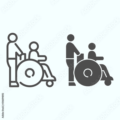 Disabled carriage line and solid icon. Medical transportation vector illustration isolated on white. A man pushing a wheelchair with a patient outline style design, designed for web and app. Eps 10.