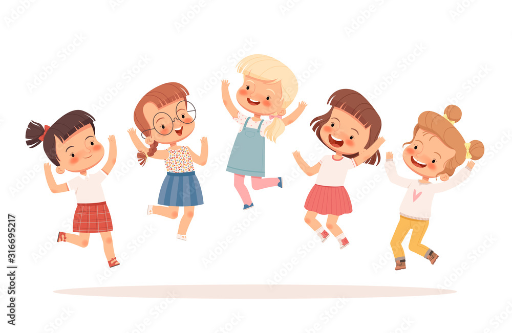 A group of joyful boys jumping and having fun. Vector illustration
