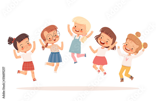 A group of joyful boys jumping and having fun. Vector illustration