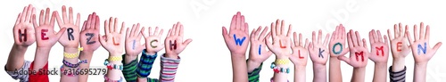 Children Hands Building Colorful German Word Herzlich Willkommen Mean Welcome. White Isolated Background photo