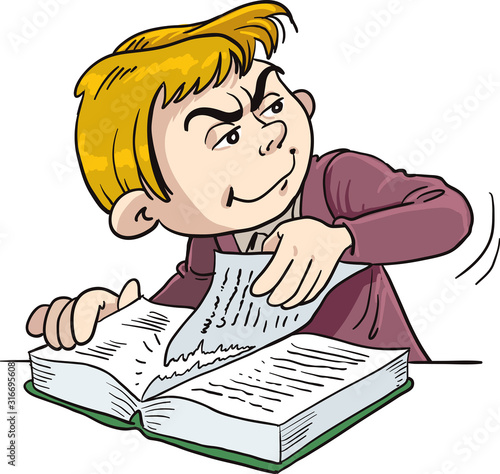 Boy Ripping Pages of a Book. Bad Child Behavior Vector Illustration