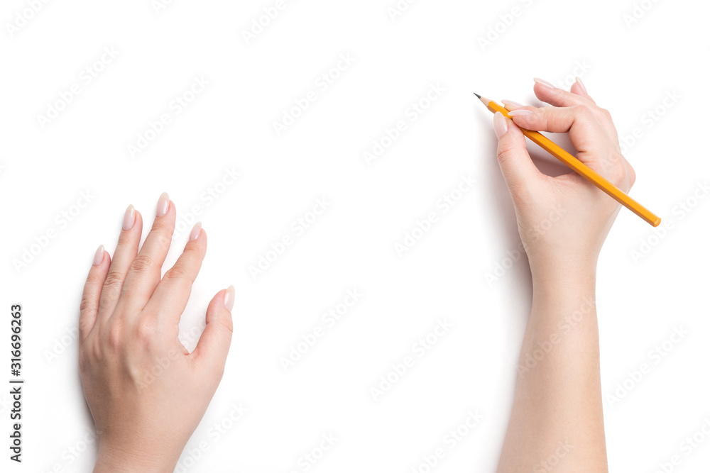 Female hands holding pencil, isolated on white background. File contains a path to isolation. - obrazy, fototapety, plakaty 