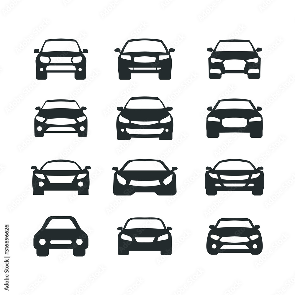 Car vector icons set. Isolated simple view front logo illustration. Sign symbol. Auto style car logo design with concept sports vehicle icon silhouette