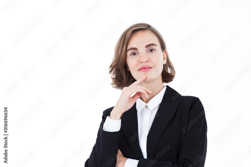 Beautiful business man wearing white shirt and black suit thinking with smile on white background. Short hair. Beautiful business man wearing white shirt and black suit thinking with smile on white background. Short hair.