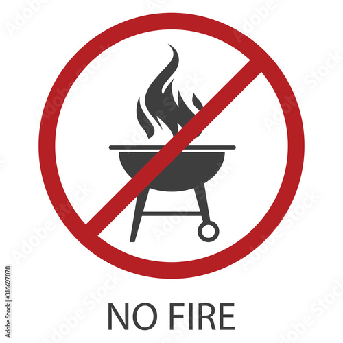 No fire icon. Forbidding sign in a simple flat style. Crossed out red circle. Silhouette of a grill with a burning fire. Vector illustration for design and web isolated on white background.