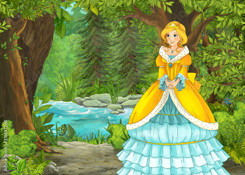 cartoon summer scene with meadow in the forest with beautiful princess girl romantic