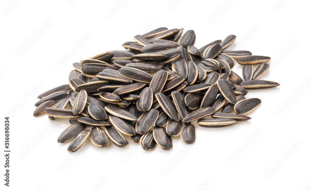 Seed of Sunflower isolated on white background.Sunflower seeds pile against white background. Seed of Sunflower isolated on white background.Sunflower seeds pile against white background.