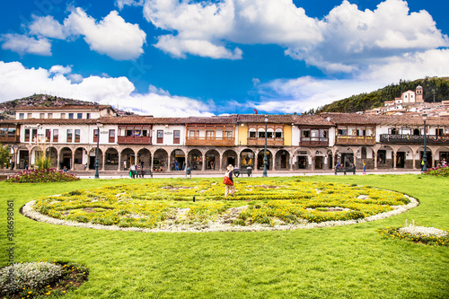 Plaza de Armas square with historical houses,  Cusco ,  Peru.