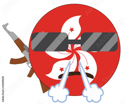 Angry Hong Kong flag emoticon. Round Hong Kong flag emoji wearing sunglasses and holding a machine gun. Expression of protest, fighting for freedom, independence and patriotism, anger and annoyance.
