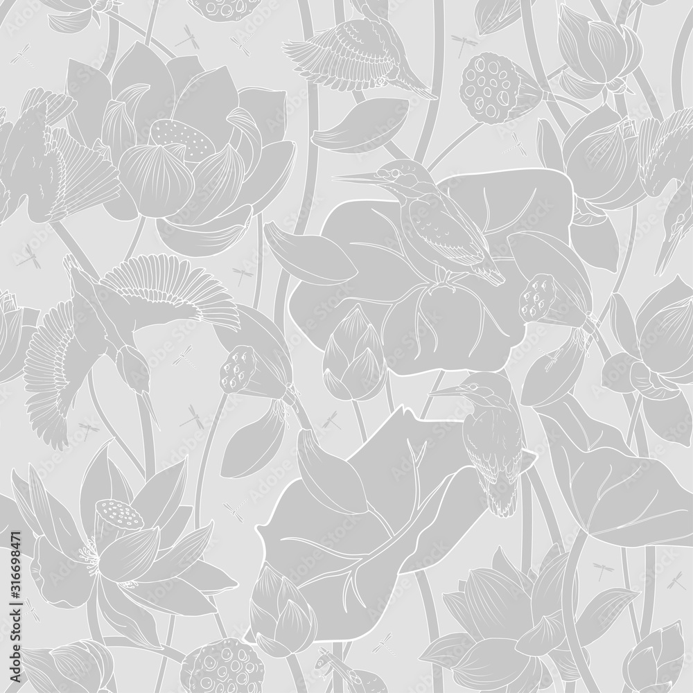 Lotus flowers and kingfishers, seamless vector background Lotus flowers and kingfishers, seamless vector background