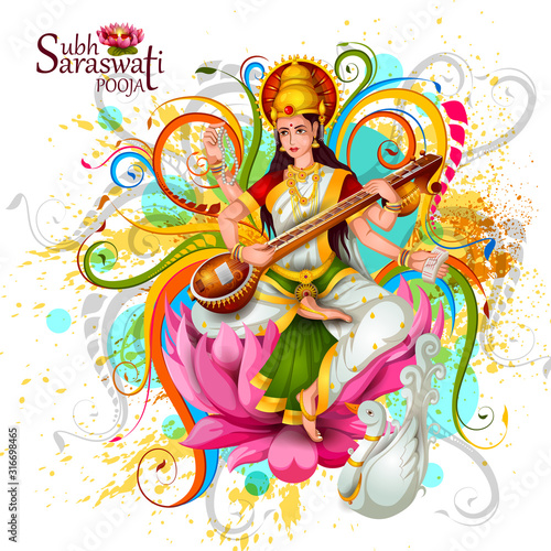 easy to edit vector illustration of Goddess Saraswati for Vasant Panchami Puja of India