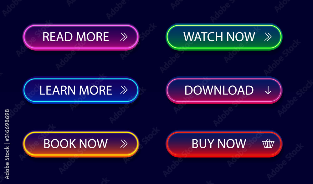 Set of glowing, neon button for infographic, web, modile, game. Light bright call action icon. Design gradient navigation buttons menu. Infographic button read, buy, more isolated. vector