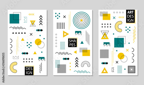 Design geometric poster with abstract memphis shapes. Geometric pattern texture with lines, grid, circles for poster, social media. Graphic pattern with halftone dots. Geometry banner. vector