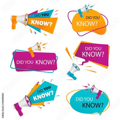 Did you know badges. Knowledge base label with megaphone. Information tag with question speech bubble. Knows interesting fact sticker, banner. Idea icon for marketing. vector illustration