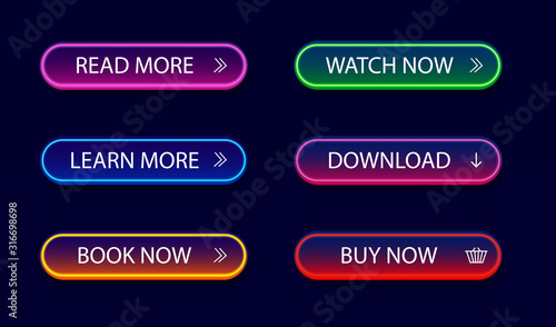 Set of glowing, neon button for infographic, web, modile, game. Light bright call action icon. Design gradient navigation buttons menu. Infographic button read, buy, more isolated. vector