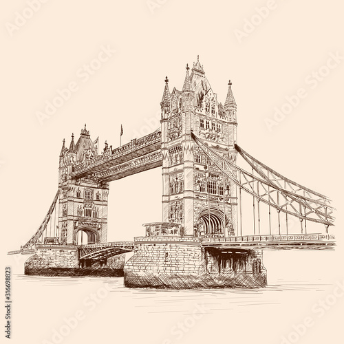 Tower Bridge in London across the River Thames. Pencil sketch on a beige background.