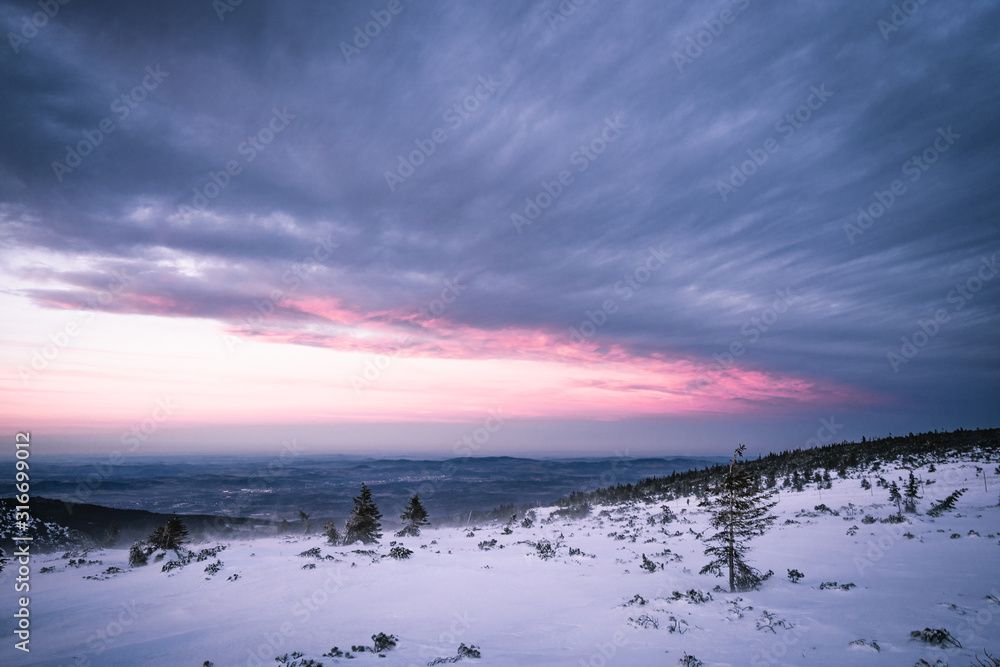 Winter landscape in Krkonose, after sunset beautifully painted landscape in shades of blue and pink color. Krkonose National Park, Czech Republic. Giant Mountain.