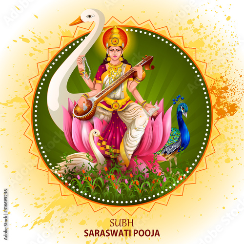 easy to edit vector illustration of Goddess Saraswati for Vasant Panchami Puja of India © snapgalleria