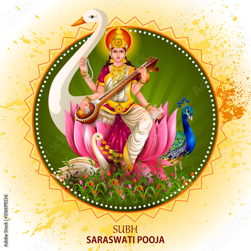 easy to edit vector illustration of Goddess Saraswati for Vasant Panchami Puja of India