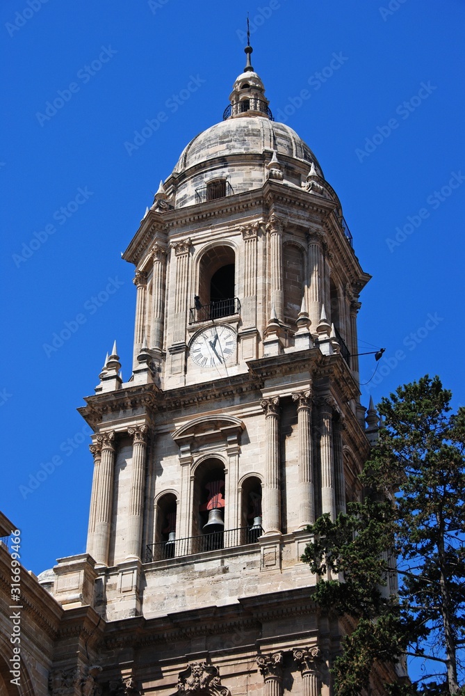 View of the Cathedral bell tower, Malaga, Spain.