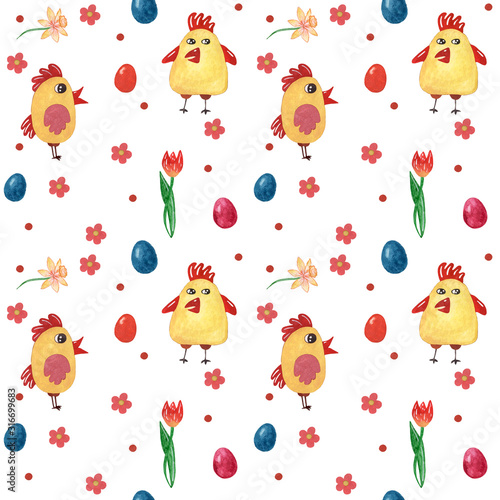 Watercolor seamless background with Easter chicken, egg, dots, flower