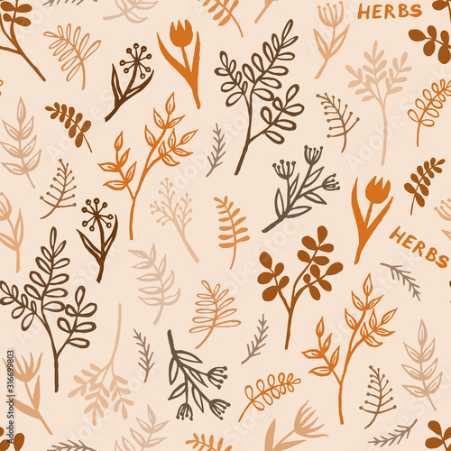 vintage vector seamless pattern of hand drawn tree branches with leaves and flowers. Spring time, blossom, floral, cute.