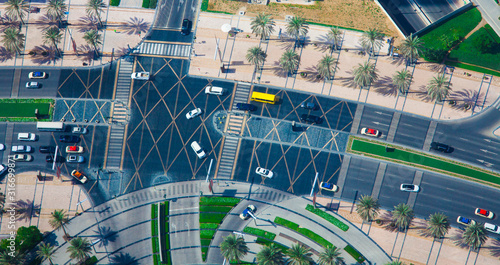 Photography aerial view of intersection with car traffic in the city