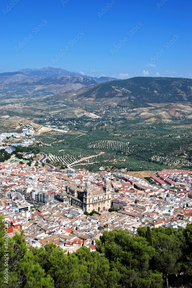 View across the city rooftops with the Cathedral in the centre, Jaen, Spain.