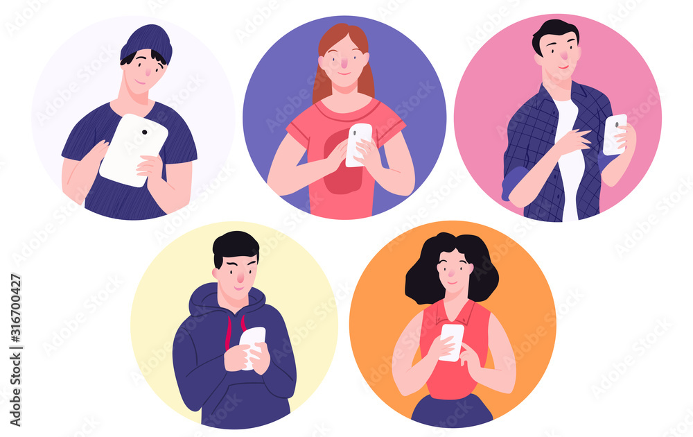 Generation z. Guy and girl with device. Character illustration isolated on round frame. People vector illustration set in flat style. Generation z. Guy and girl with device. Character illustration isolated on round frame. People vector illustration set in flat style.