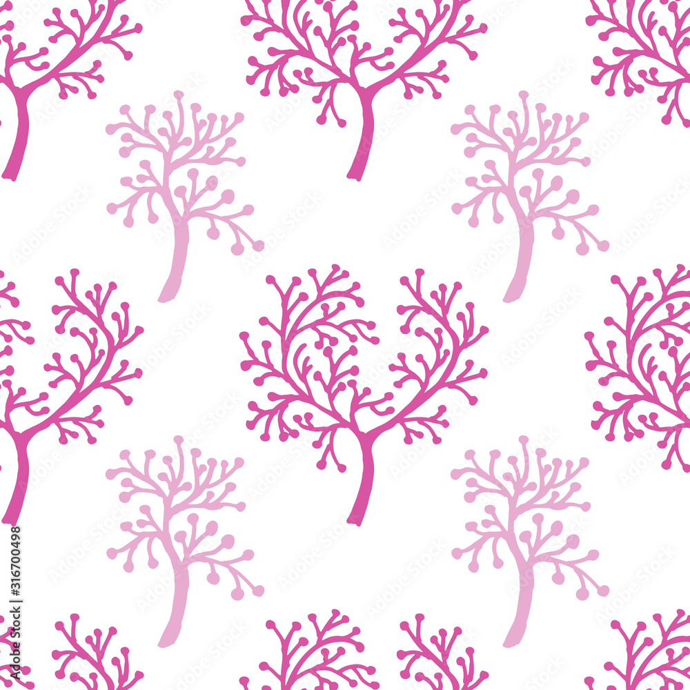 vintage vector seamless pattern of hand drawn tree branches with leaves and flowers. Spring time, blossom, floral, cute.