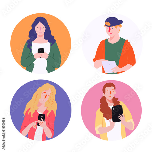 Generation z. Guy and girl with device. Character illustration isolated on round frame. People vector illustration set in flat style.