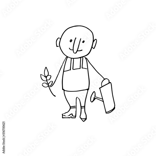 Cheerful agronomist with seedlings and watering can. Cartoon character, Doodle illustration. vector
